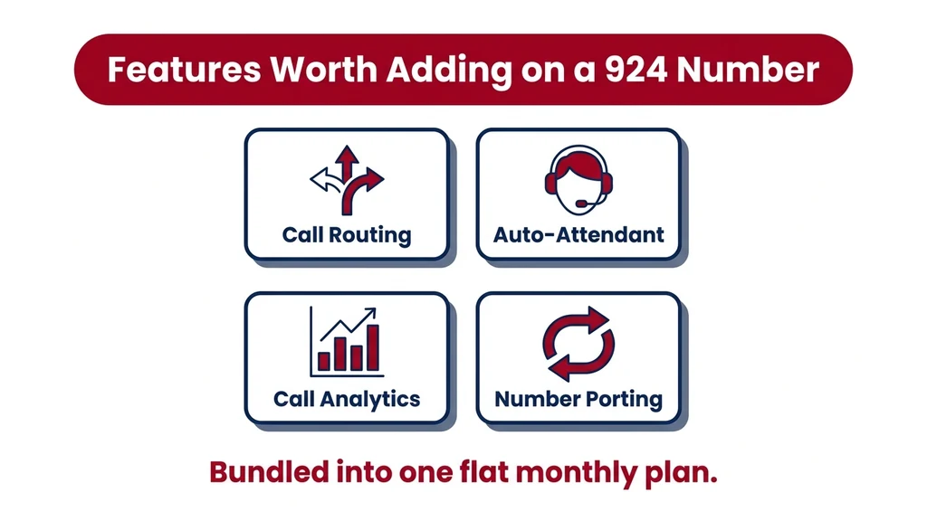 Feature-card graphic showing call routing, auto-attendant, and analytics features available on a 924 southern Minnesota business line