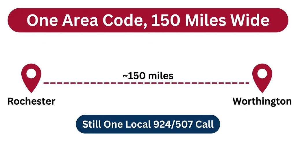 Distance graphic showing Rochester and Worthington roughly 150 miles apart, both still counted as one local 924/507 call