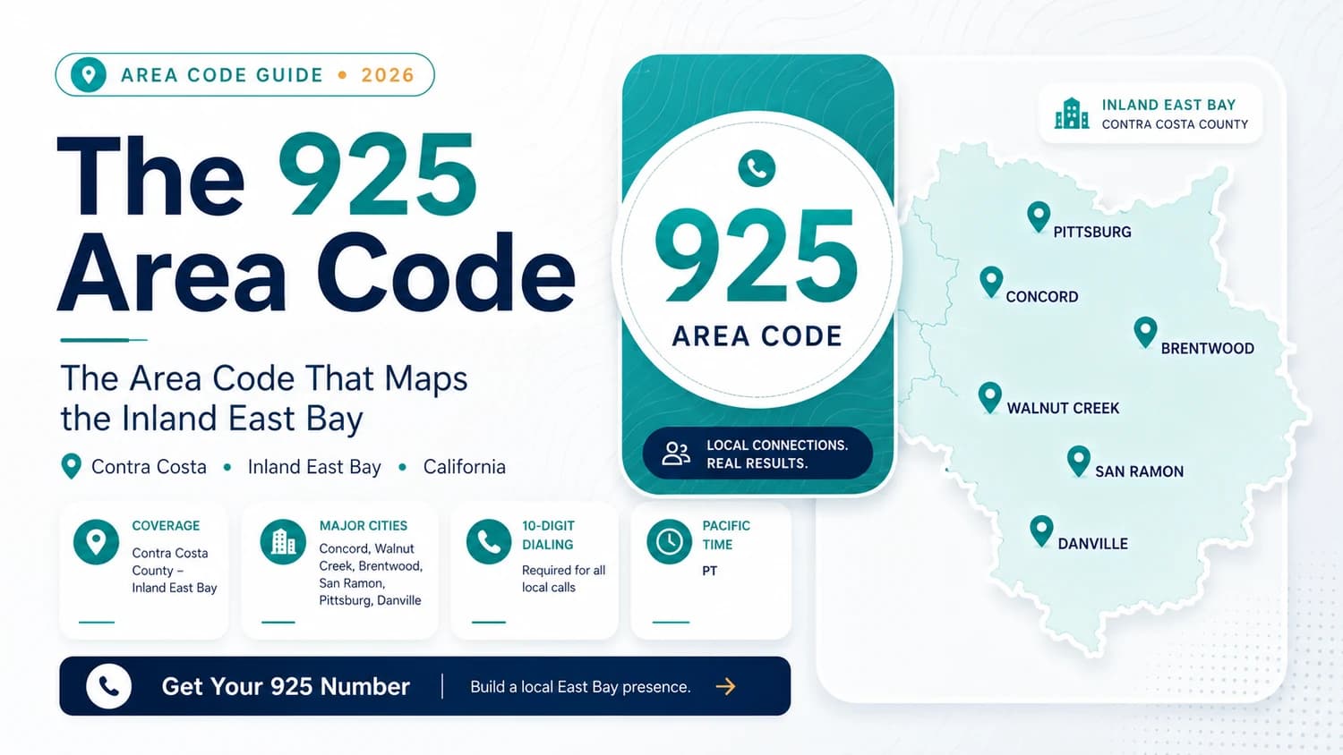 925 area code infographic for the inland East Bay, California, with Mount Diablo and a local skyline