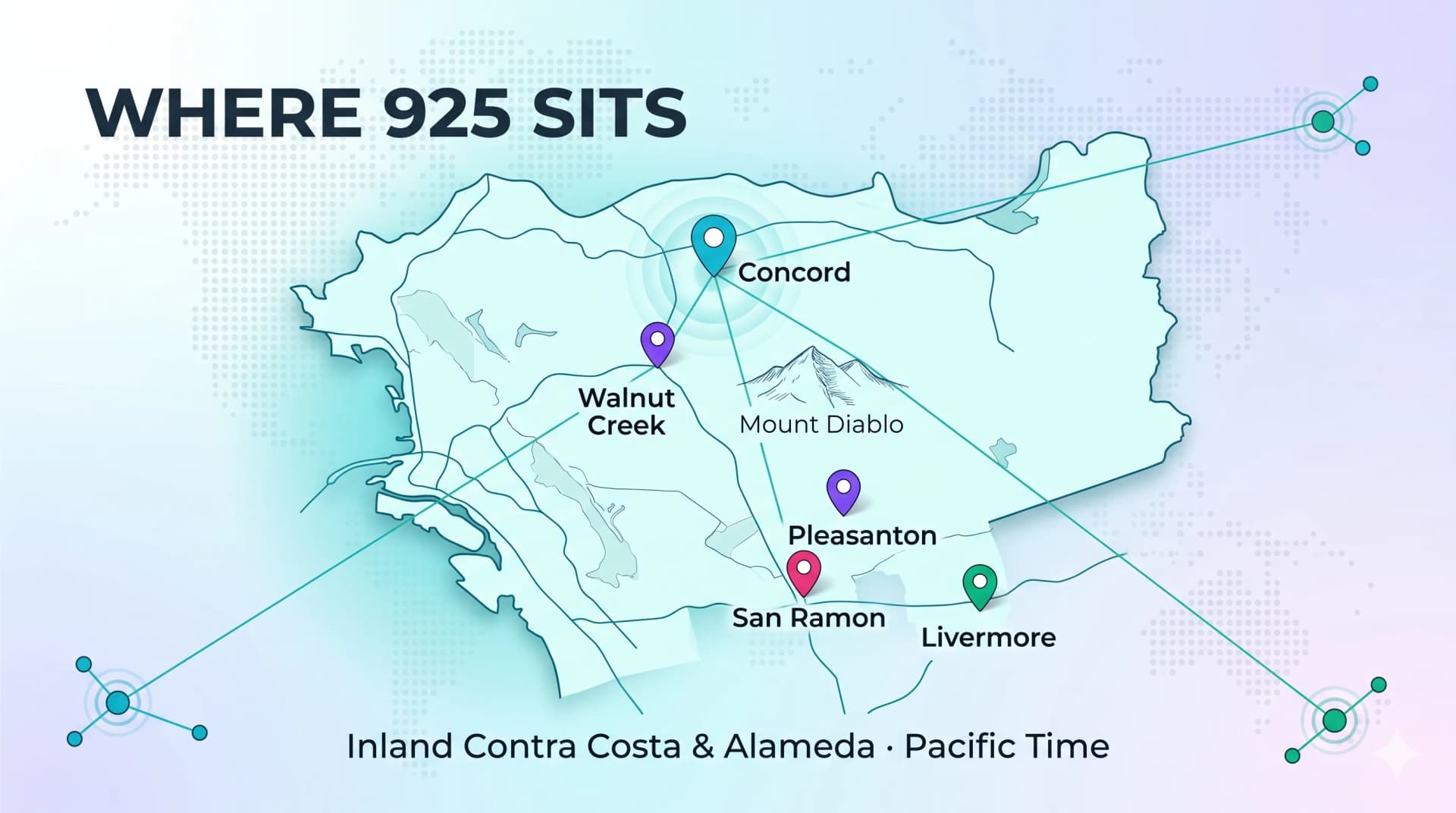 Map of where 925 sits across inland Contra Costa and Alameda counties, including Concord, Walnut Creek, Pleasanton and Livermore