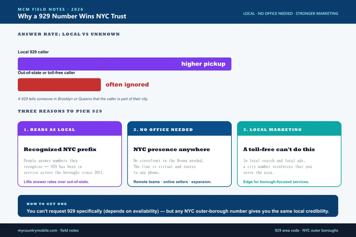 Why a 929 number wins NYC trust — local credibility from the outer-borough prefix, NYC presence without an office, and stronger local marketing from a genuine city number