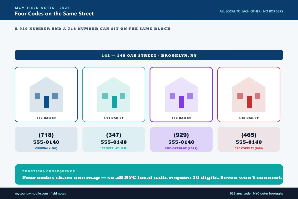 Four houses on one Brooklyn street showing four different NYC outer-borough area codes — 718, 347, 929, and 465 — all local to each other because the codes overlay the same map