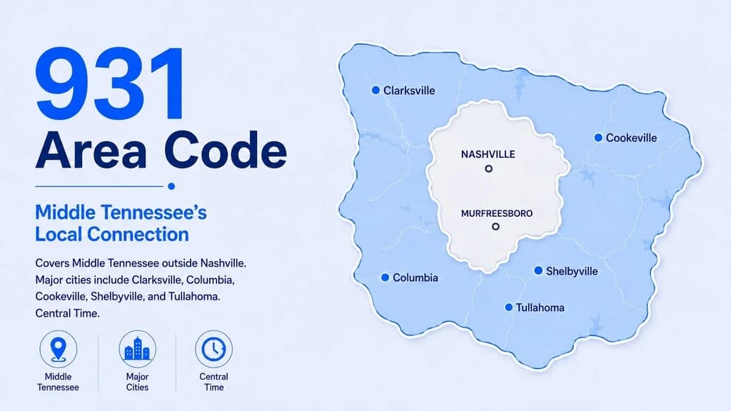 931 area code — Middle Tennessee outside Nashville, horseshoe coverage from Clarksville to Cookeville to Columbia, Central Time