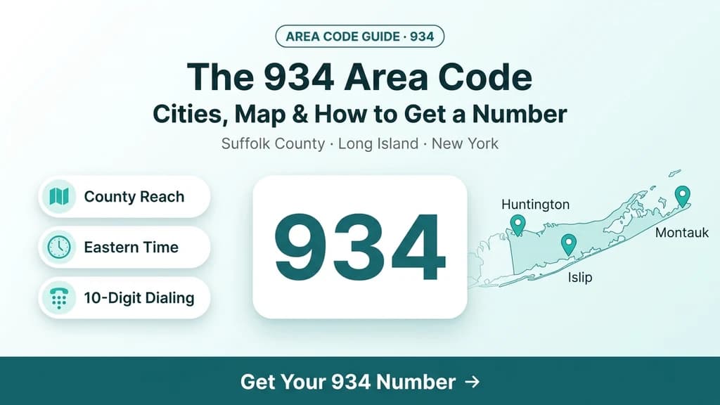 Teal banner showing a phone mockup with the 934 area code, a highlighted Suffolk County Long Island map with a pin over the East End, and icon callouts for coverage, overlay, and dialing