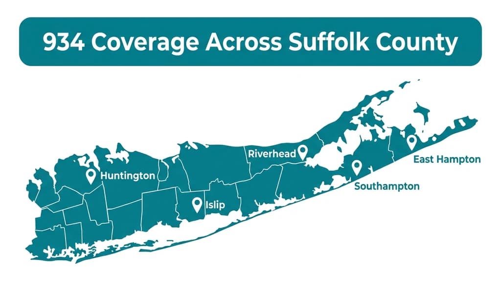 Highlighted map graphic showing Suffolk County on Long Island with pins over Huntington, Islip, Riverhead, and the Hamptons