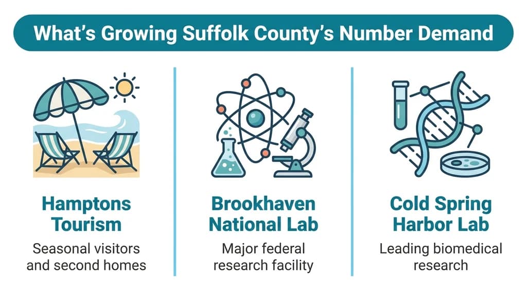 Editorial stat graphic titled What's Growing Suffolk County's Number Demand, with rows for Hamptons tourism, Brookhaven National Laboratory, and Cold Spring Harbor Laboratory