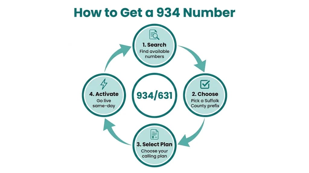 Step-by-step graphic showing four steps to get a 934 or 631 number: search availability, choose a prefix, select a plan, activate