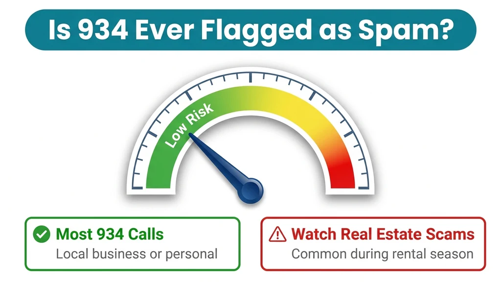 Risk-meter graphic showing 934 calls landing mostly in a low-risk zone, with a caution zone for real-estate-related robocall scams common on Long Island