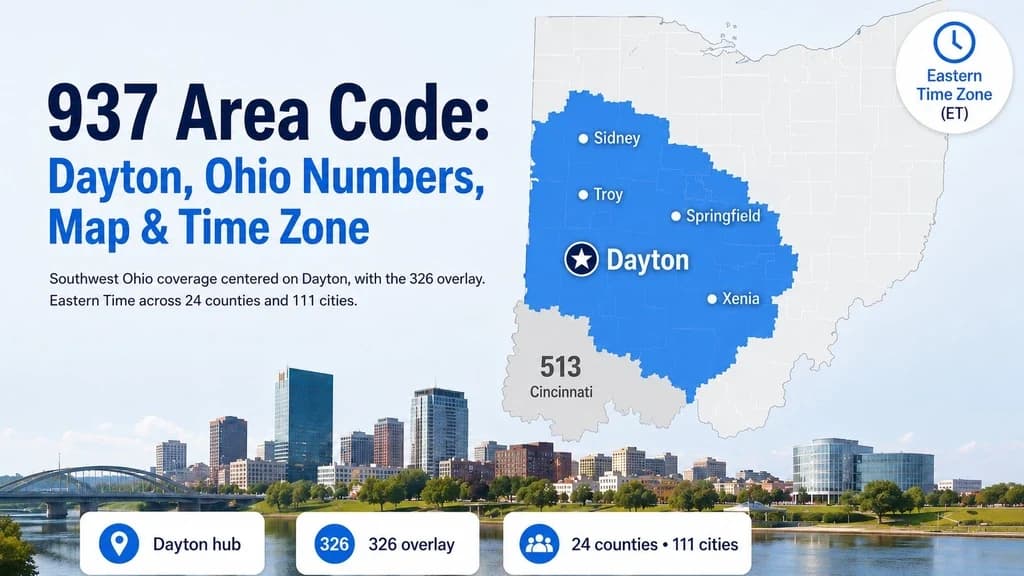 937 area code — Dayton and southwest Ohio, split from 513 in September 1996, overlaid by 326 since March 2020, Eastern Time