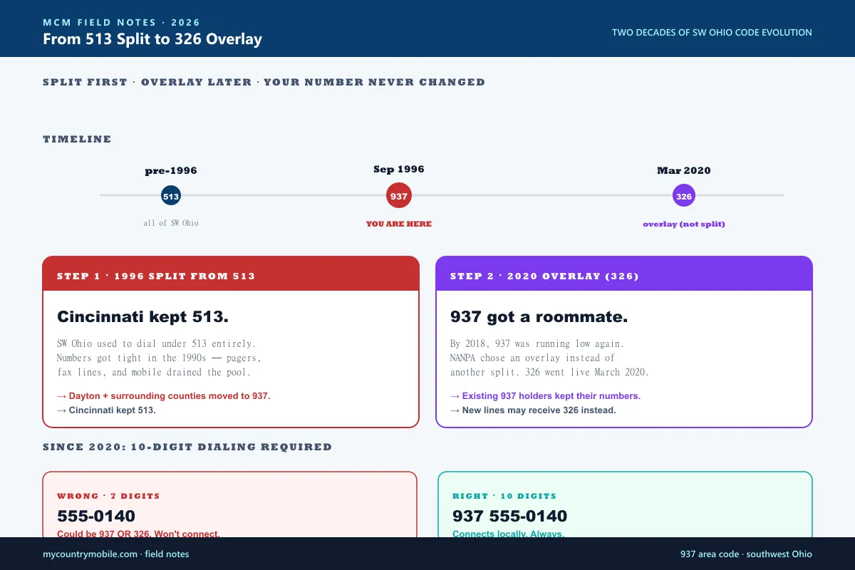 History of the 937 area code — split from 513 in September 1996 to give southwest Ohio its own code while Cincinnati kept 513, then joined by the 326 overlay in March 2020 requiring 10-digit dialing