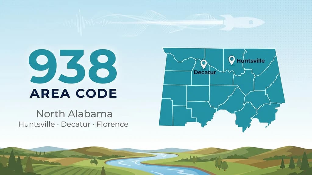 Teal and purple banner showing a highlighted map of north Alabama with pins over Huntsville and Decatur, labeled as the overlay code for the Rocket City region