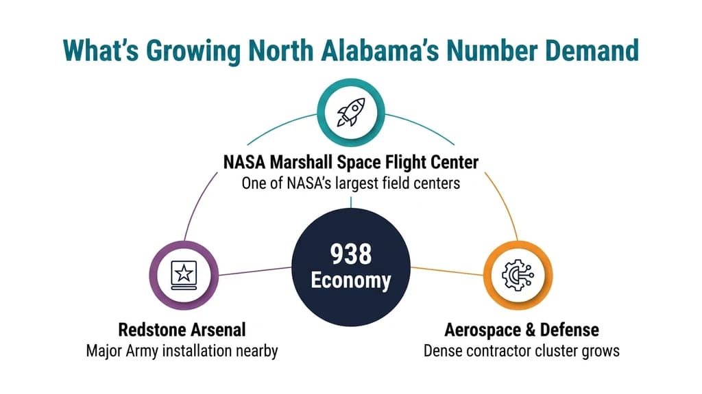 Editorial stat graphic titled What's Growing North Alabama's Number Demand, with rows for Redstone Arsenal, NASA Marshall Space Flight Center, and aerospace contractors