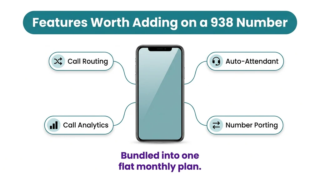Feature-card graphic showing call routing, auto-attendant, and analytics features available on a 938 north Alabama business line