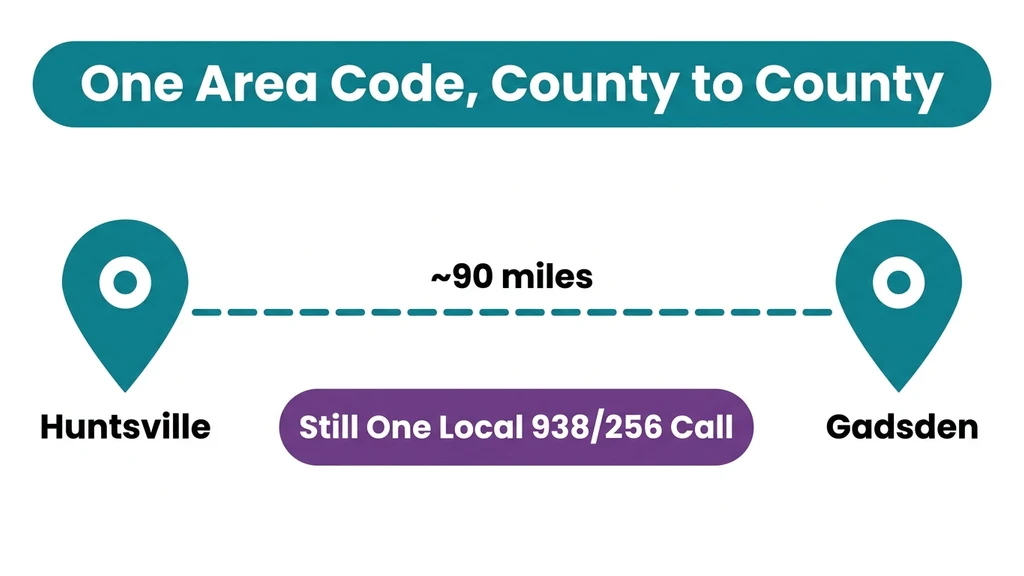 Distance graphic showing Huntsville and Gadsden roughly 90 miles apart, both still counted as one local 938/256 call