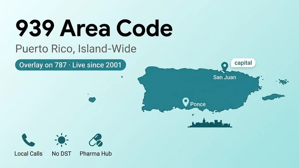 Map of Puerto Rico with the whole island highlighted, a bold 939 area code heading, and pins over San Juan and Ponce