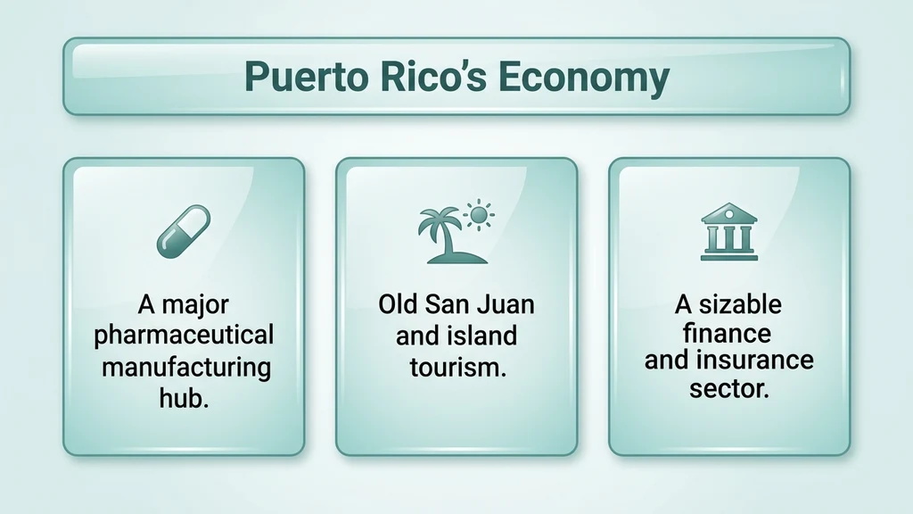 Editorial stat graphic titled Puerto Rico's Economy, with rows for pharmaceutical manufacturing, San Juan tourism, and the island's finance sector
