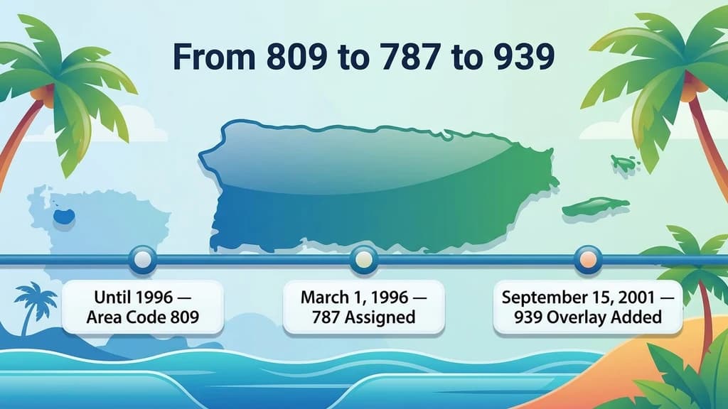 Timeline graphic showing Puerto Rico's telephone numbering moving from area code 809 to 787 in 1996, then adding the 939 overlay in 2001