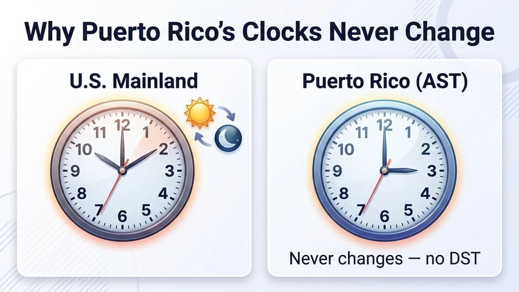 Clock comparison graphic showing Puerto Rico staying on Atlantic Time year-round while the U.S. mainland shifts between Eastern Standard and Daylight Time
