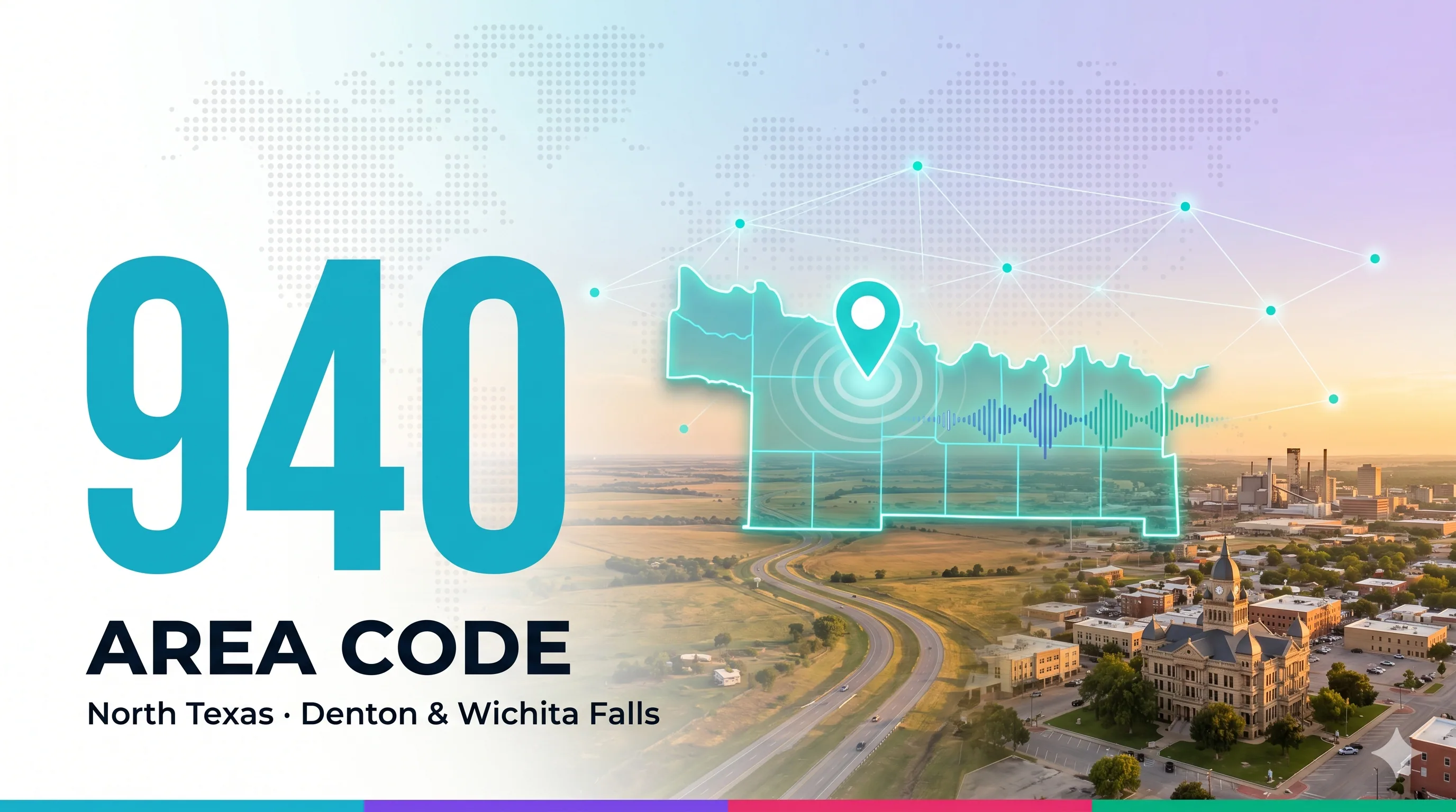 940 area code infographic for North Texas covering Denton and Wichita Falls