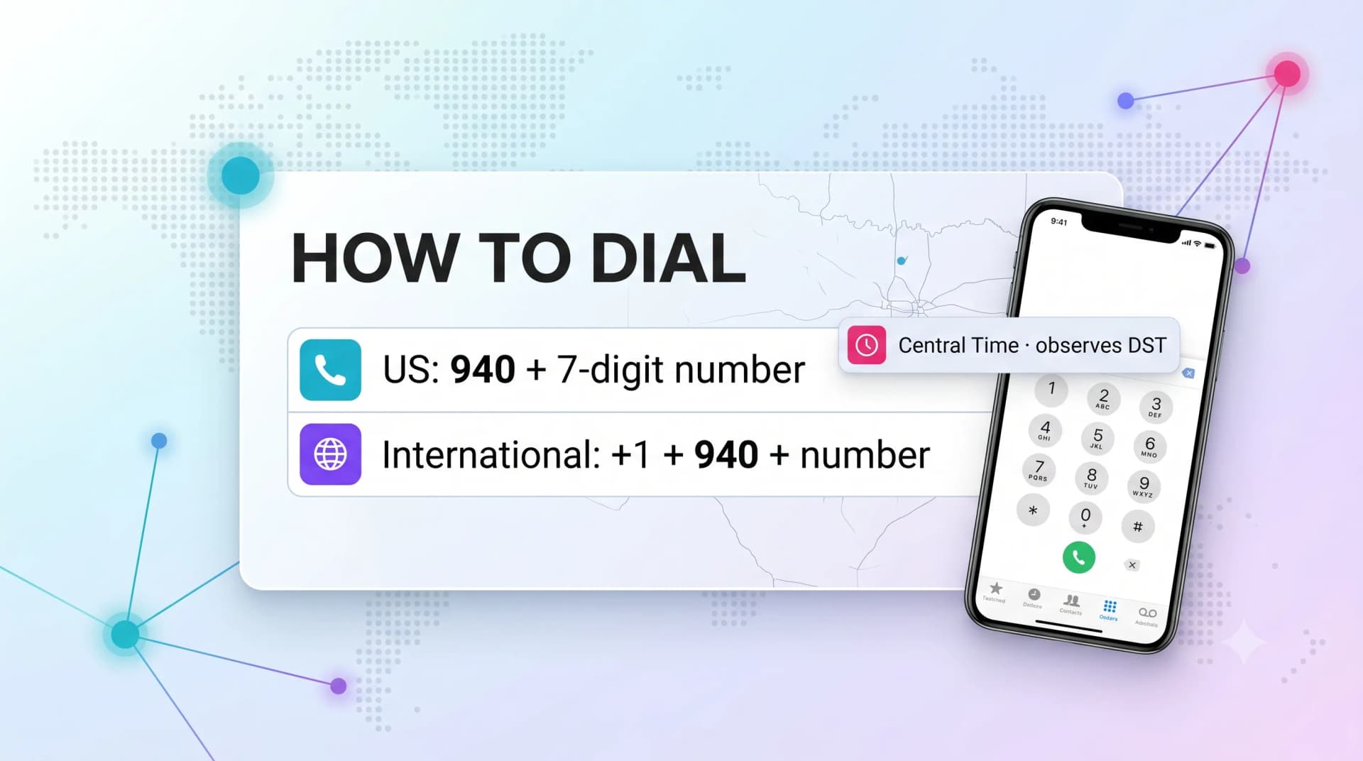 How to dial a 940 number: US is 940 plus a 7-digit number, international is +1 plus 940 plus the number, in Central Time observing DST