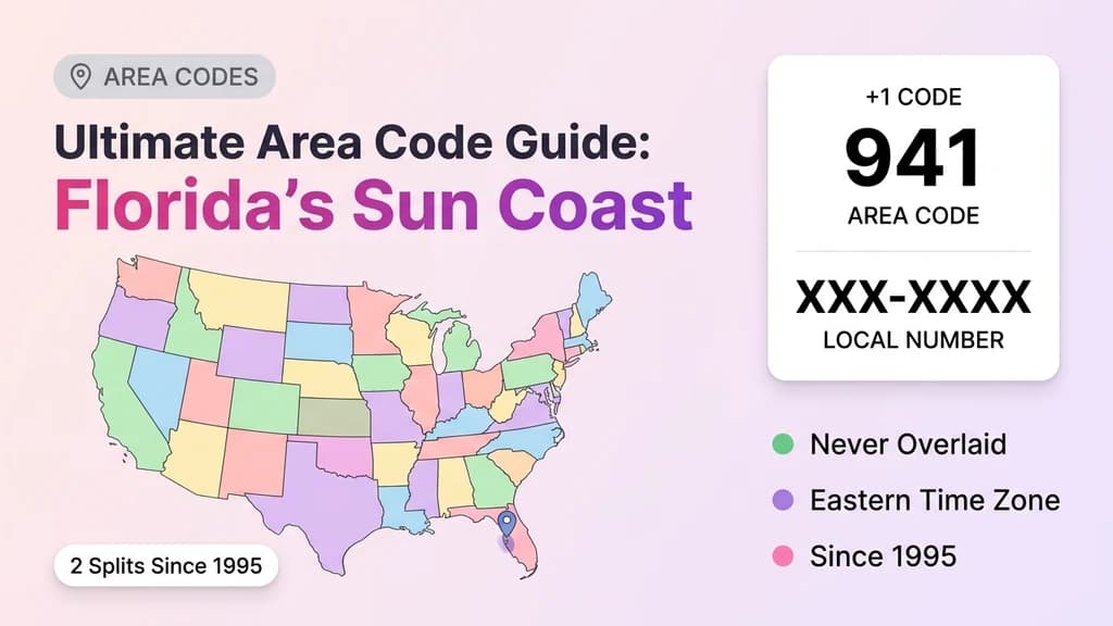 Colorful map of the United States with Florida highlighted and a pin over Sarasota, a bold 941 area code heading, and a phone-number format card