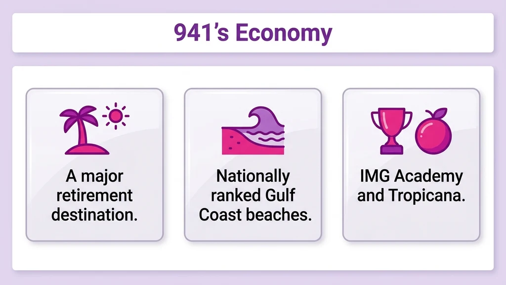 Editorial stat graphic titled 941's Economy, with rows for the region's retirement population, Gulf Coast tourism, and IMG Academy