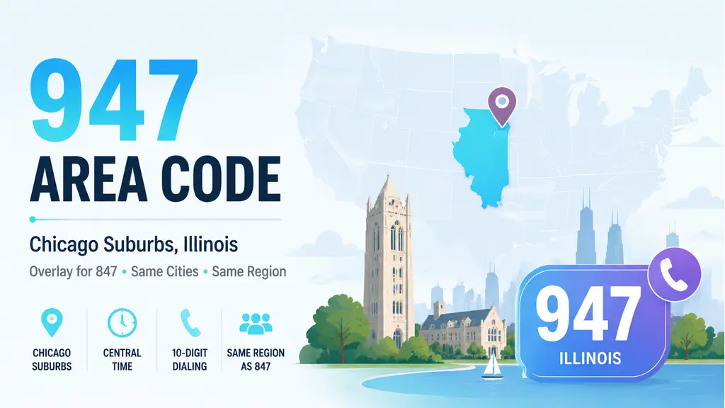 US map highlighting Illinois, a pin on the Chicago suburbs, a university tower silhouette, and a 947 badge in cyan and violet