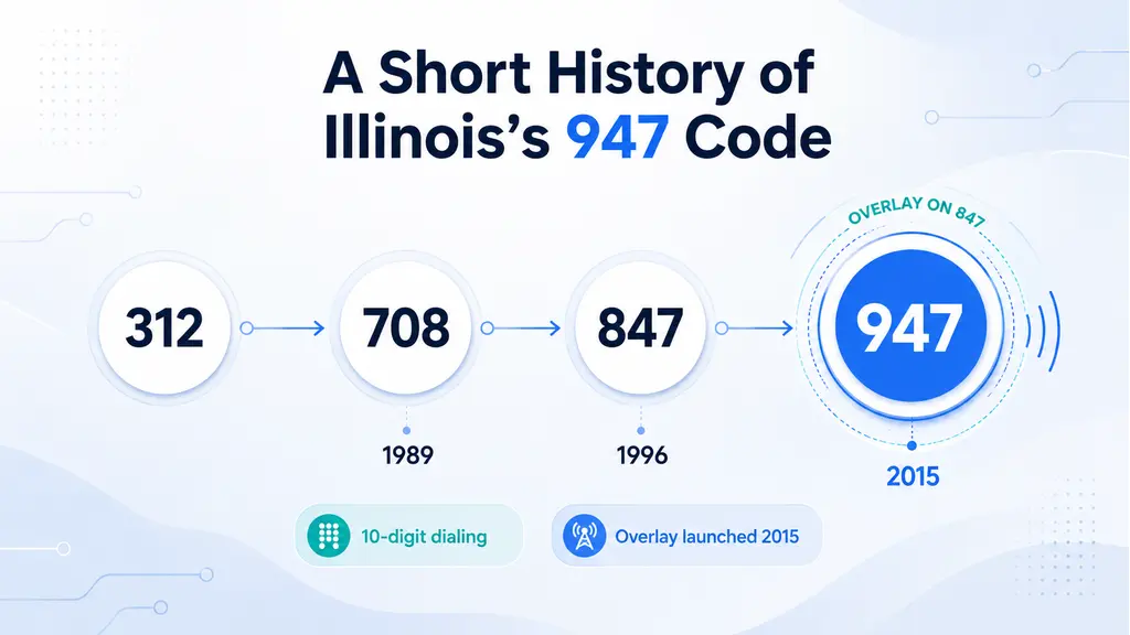 Timeline infographic tracing Chicago suburban area code history from 312 covering the whole region in 1947, through the 708 split in 1989 and 847 split in 1996, to the 947 overlay launching in 2015, on a pale blue background with a ghosted Illinois outline