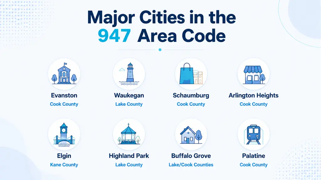 Major cities in the 947 area code — Evanston, Waukegan, Schaumburg, Arlington Heights, Elgin, Highland Park, Buffalo Grove, Palatine