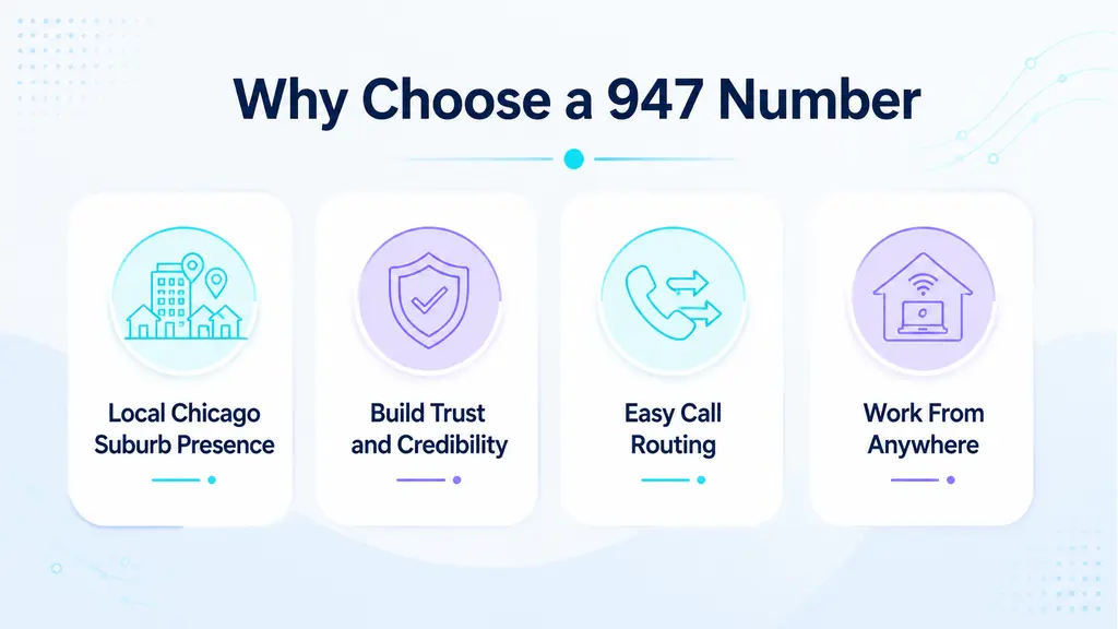 Four white benefit cards with cyan and violet icons reading local Chicago suburb presence, build trust, easy routing and work from anywhere