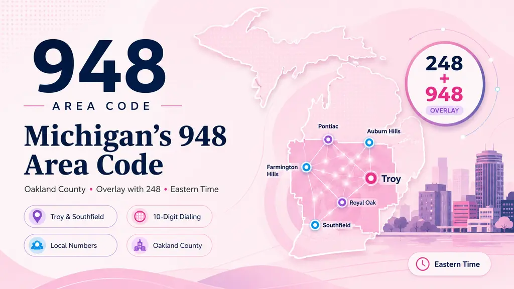 US map highlighting Michigan, a pin on Oakland County, an automotive headquarters silhouette, and a 948 badge in cyan and violet