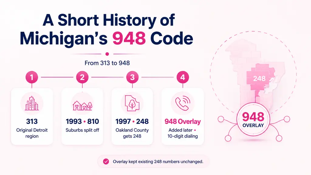 Timeline infographic tracing Oakland County's area code history from 313 covering Detroit and its suburbs in 1947, through the 810 split in 1993 and 248 split in 1997, to the 948 overlay layered on top of 248, on a pale blue background with a ghosted Michigan outline