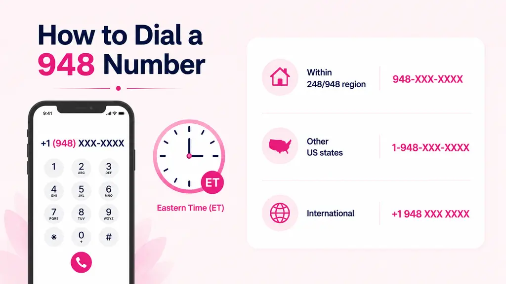 Smartphone dial pad showing +1 (948) XXX-XXXX beside an Eastern Time clock icon on a pale blue infographic