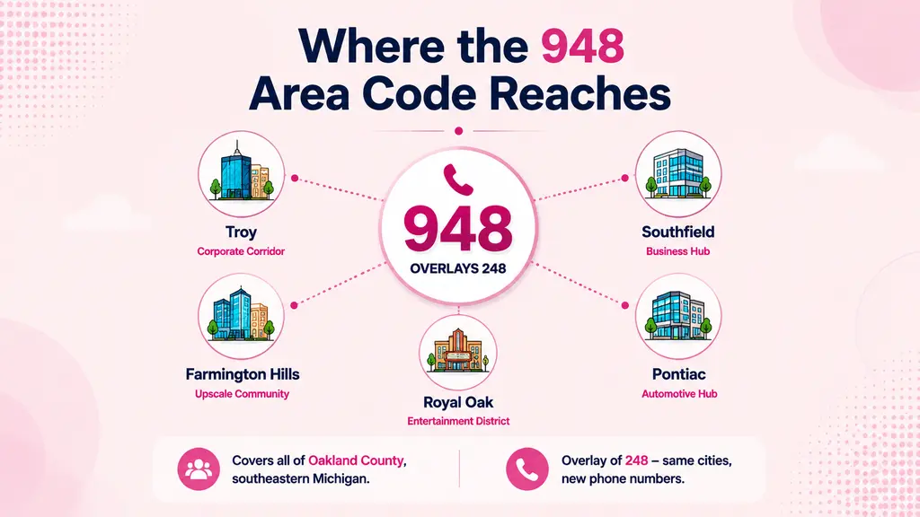 Vector map of Michigan with cyan dots on Troy, Southfield, Farmington Hills, Pontiac and Royal Oak, connected by calling network lines, all borders in black