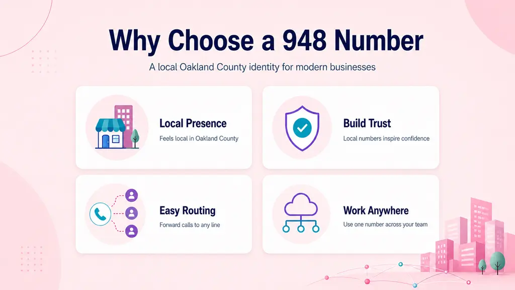Four white benefit cards with cyan and violet icons reading local Oakland County presence, build trust, easy routing and work from anywhere