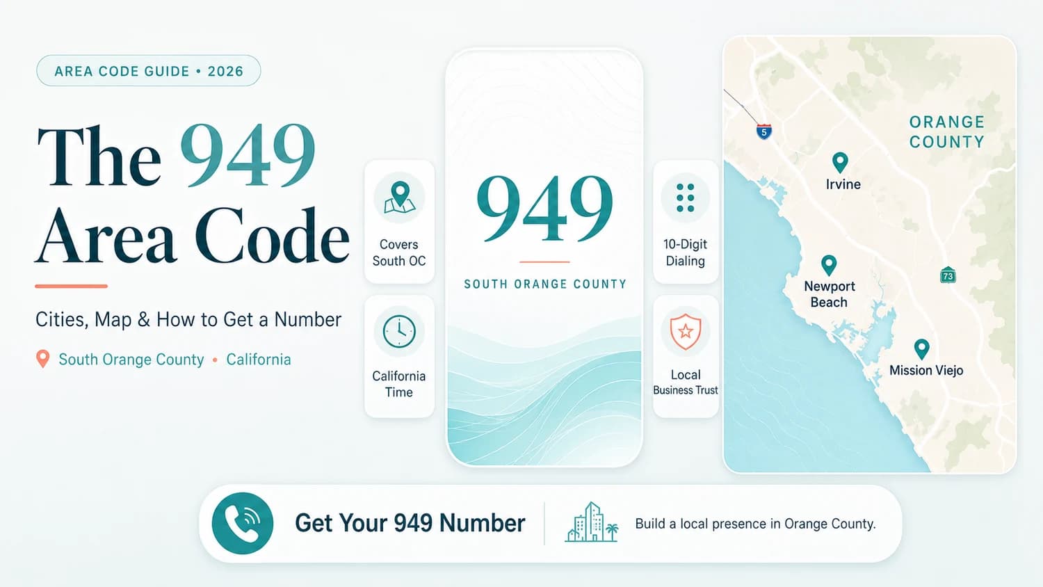 The 949 Area Code — Cities, Map & How to Get a Number. South Orange County, California. Area Code Guide 2026. Feature pills: Covers South OC, California Time, 10-Digit Dialing, Local Business Trust. Map of Orange County coastline with pin markers for Irvine, Newport Beach, and Mission Viejo. Get Your 949 Number — Build a local presence in Orange County.