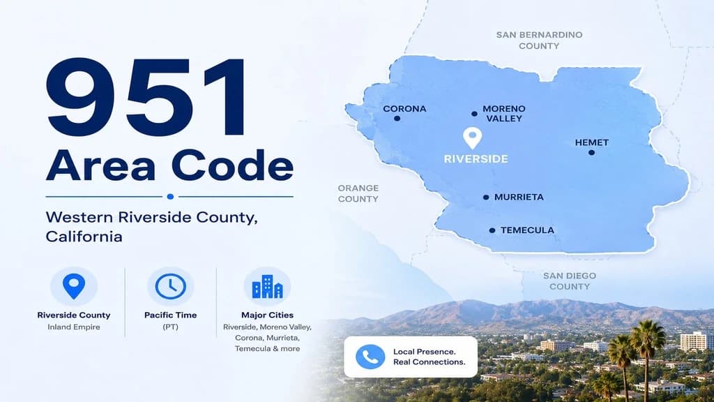951 area code — western Riverside County in California's Inland Empire, split from 909 in 2004, single-code region with no overlay, Pacific Time
