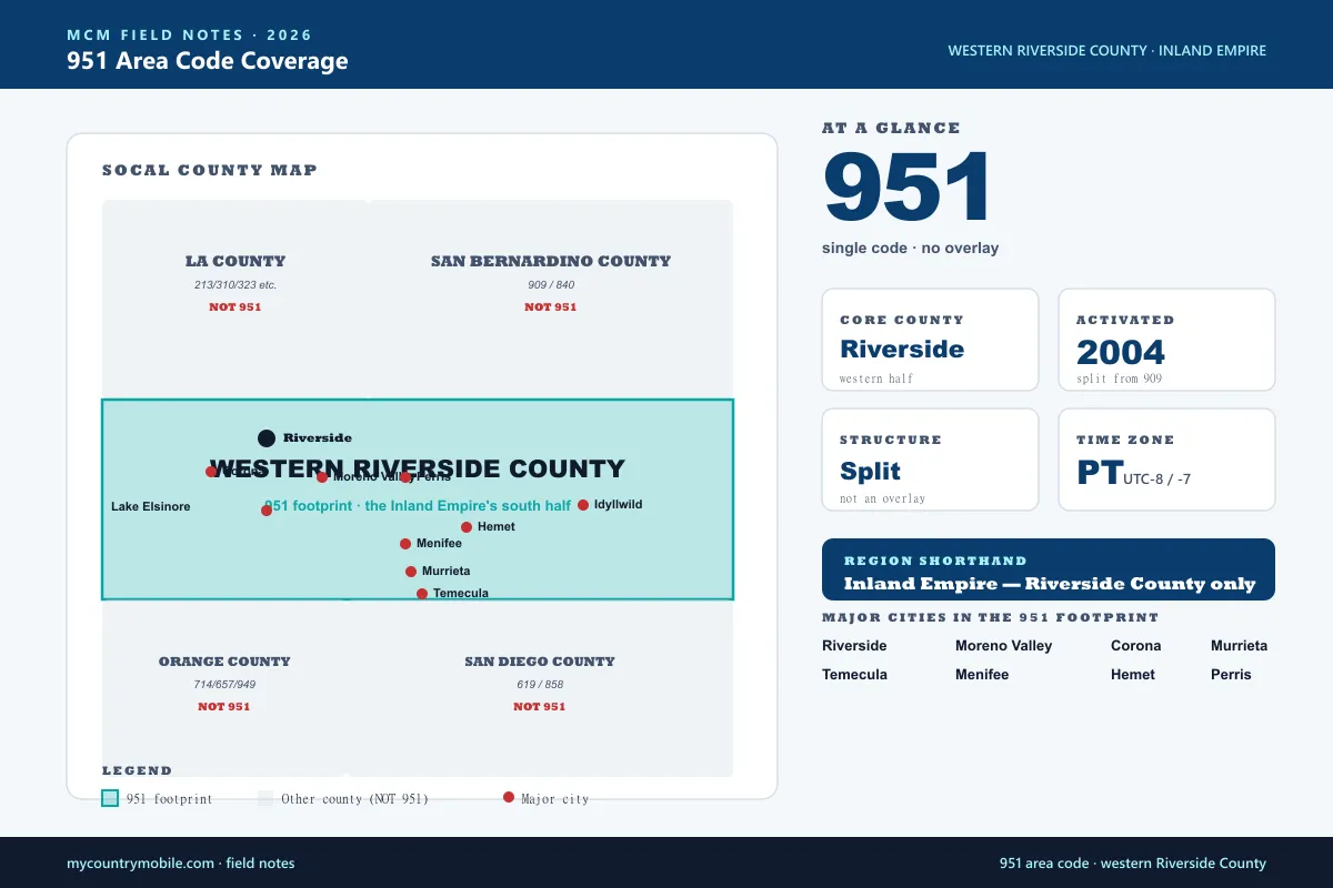 Map of 951 area code coverage across western Riverside County in Southern California's Inland Empire — explicitly excludes Los Angeles County, San Bernardino County, Orange County, and San Diego County