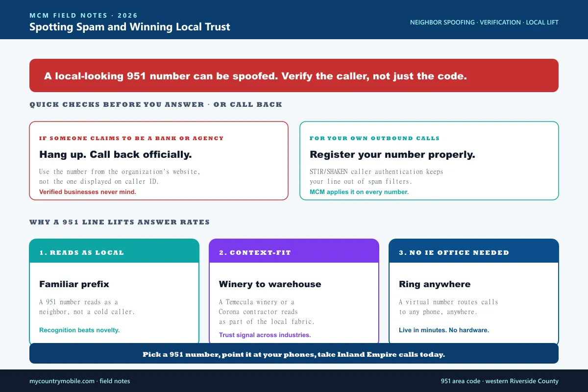Spam and spoofing awareness plus local business advantages for the 951 area code — neighbor spoofing risk, quick verification checks, and the credibility lift from a recognized Inland Empire prefix