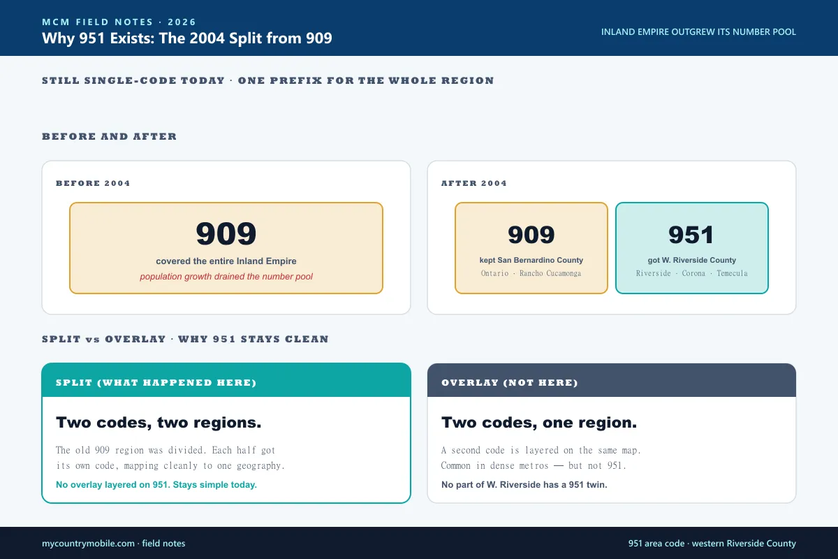 History of the 951 area code — split from the 909 Inland Empire code in 2004 because population growth had drained the available number pool, still single-code today with no overlay
