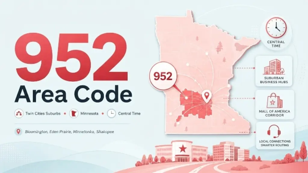 US map highlighting Minnesota, a pin on Bloomington, a shopping-mall silhouette, and a 952 badge in cyan and violet