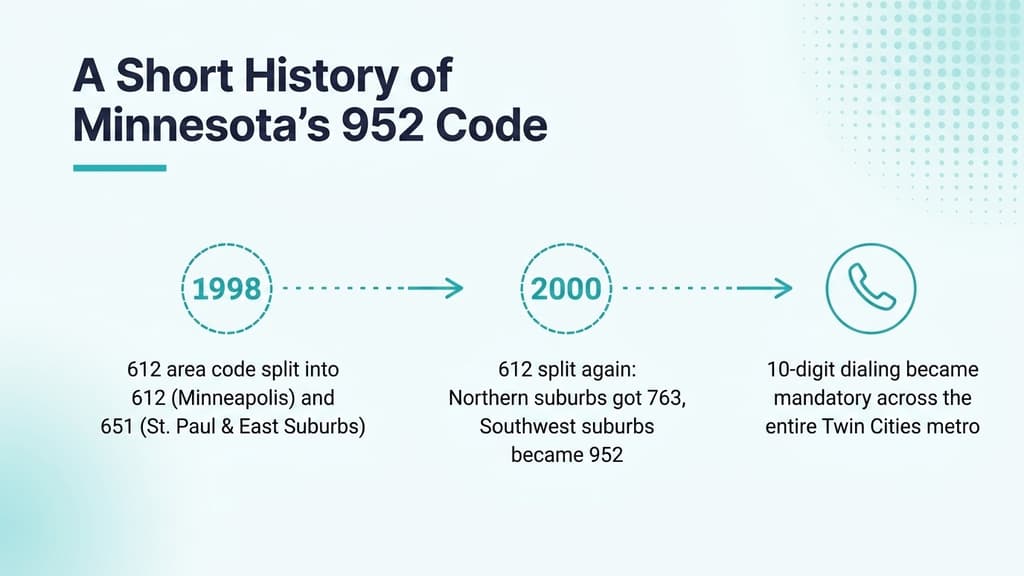 Timeline infographic tracing the Twin Cities' area code history from 612 covering the whole metro, through the 651 split in 1998 for St. Paul, to the 952 and 763 splits in 2000 for the southern and northern suburbs, on a pale blue background with a ghosted Minnesota outline
