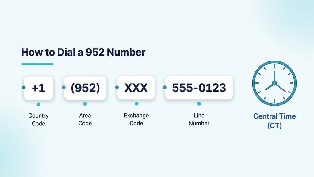 Smartphone dial pad showing +1 (952) XXX-XXXX beside a Central Time clock icon on a pale blue infographic