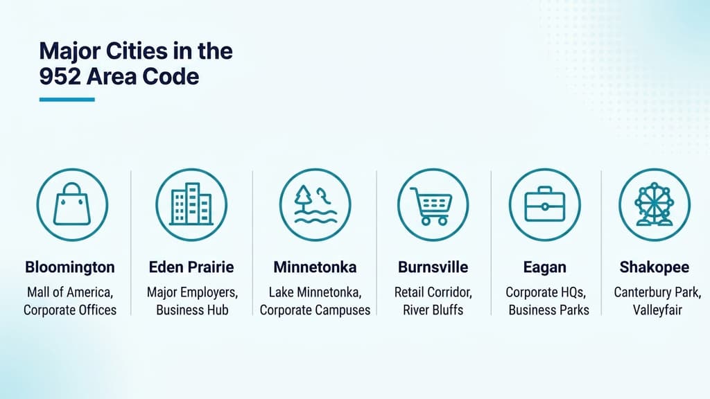 Major cities in the 952 area code — Bloomington, Eden Prairie, Minnetonka, Burnsville, Eagan, Shakopee, Chanhassen, Savage