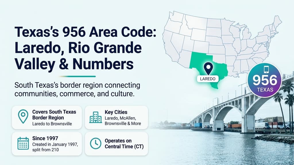 US map highlighting South Texas, a pin on Laredo, an international trade bridge silhouette, and a 956 badge in cyan and violet