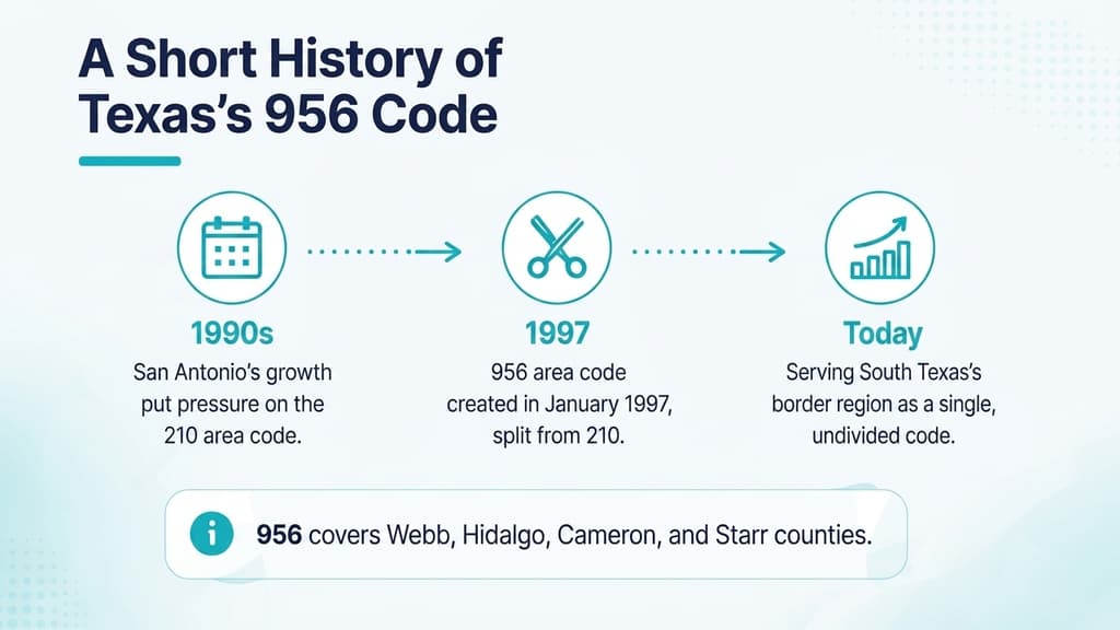 Timeline infographic tracing South Texas's area code history from 210 covering San Antonio and the border region together, through the 956 split in January 1997 for the border counties, to today with Laredo and the Rio Grande Valley still undivided under 956, on a pale blue background with a ghosted Texas outline