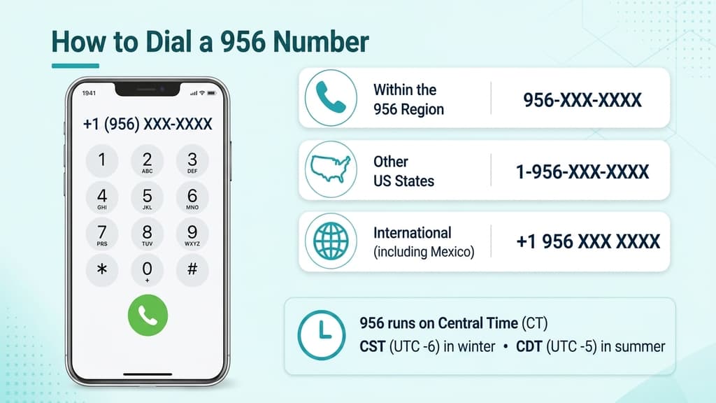 Smartphone dial pad showing +1 (956) XXX-XXXX beside a Central Time clock icon on a pale blue infographic