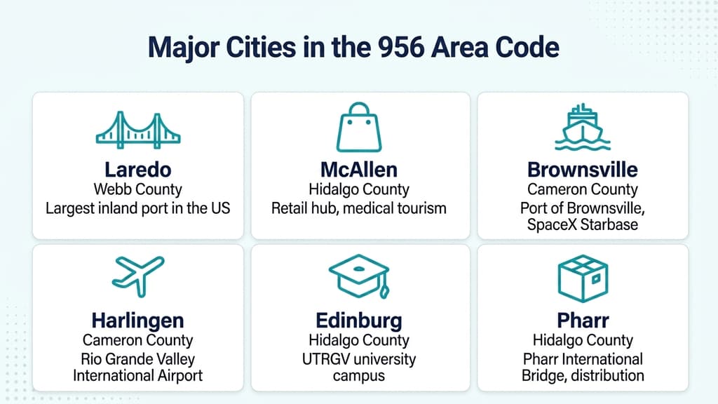 Major cities in the 956 area code — Laredo, McAllen, Brownsville, Harlingen, Edinburg, Pharr, Mission, Rio Grande City