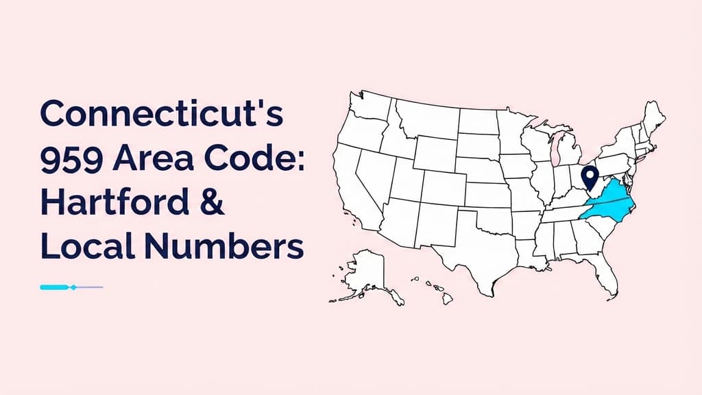 US map highlighting Connecticut, a pin on Hartford, a state capitol dome silhouette, and a 959 badge in cyan and violet