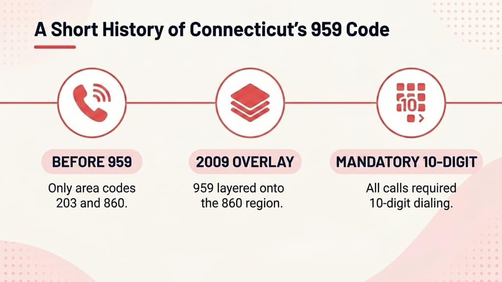 Timeline infographic tracing Connecticut's area code history from 203 covering the whole state in 1947, through the 860 split in 1995 for Hartford and eastern Connecticut, to the matching 475 and 959 overlays launching together in 2009, on a pale blue background with a ghosted Connecticut outline